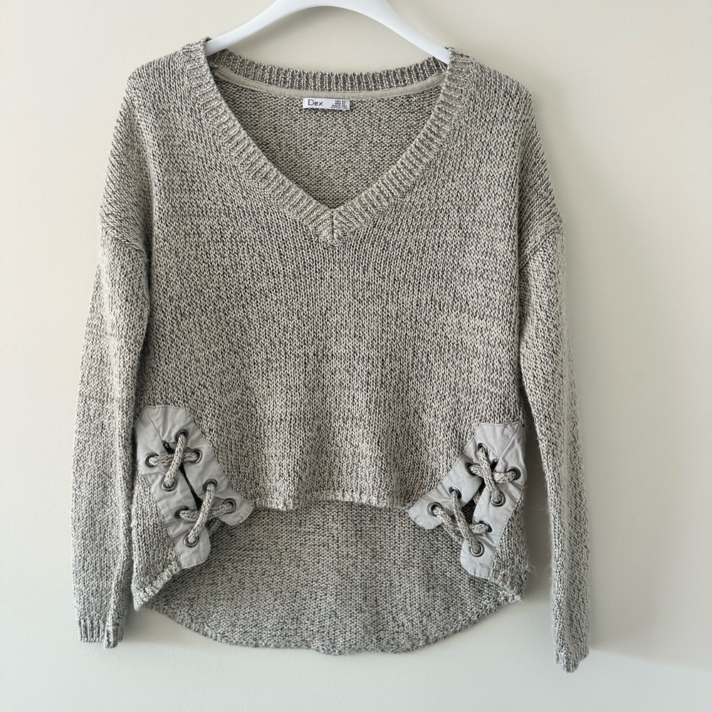 Dex Gray V-Neck Sweater with Lace-Up Accents